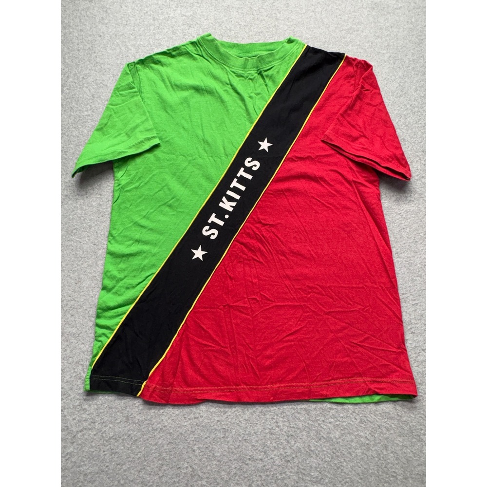 SGS St. Kitts Souvenir T-Shirt Mens Medium Colorblock Green Red Caribbean Star